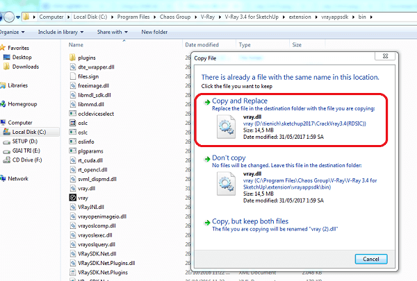 Copy và Replace - Crack Vray 3.4 cho Sketchup 2022
