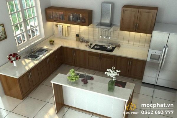 Bếp nấu và bồn rửa tạo thành hình chữ L, cách xa nhau